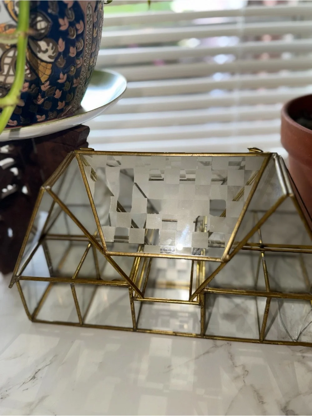 Vintage MCM Glass and Brass Tiered House Trinket Shelf - Gold